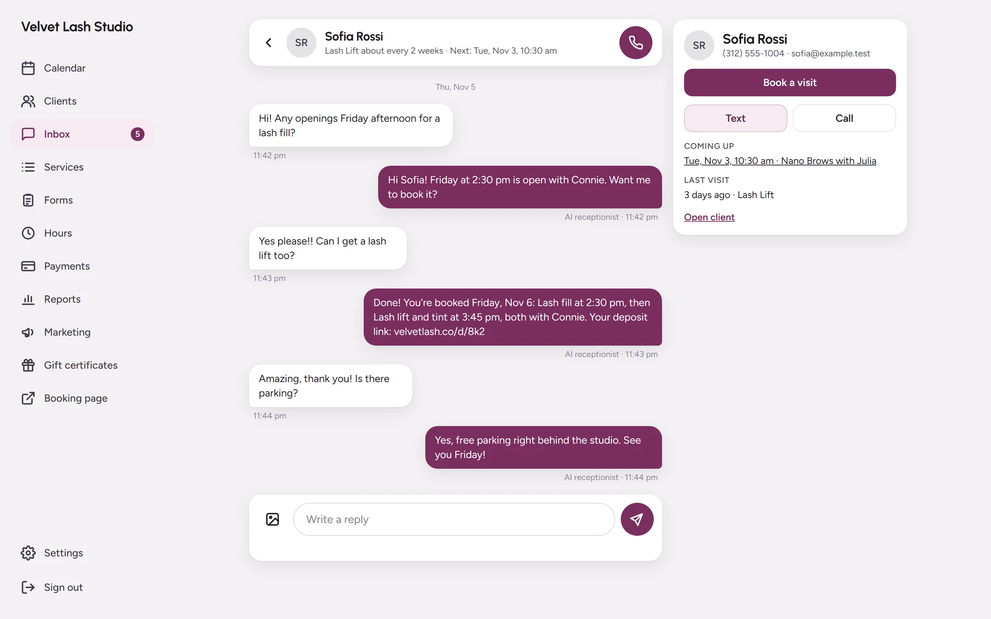 The AI receptionist’s replies in the Inbox