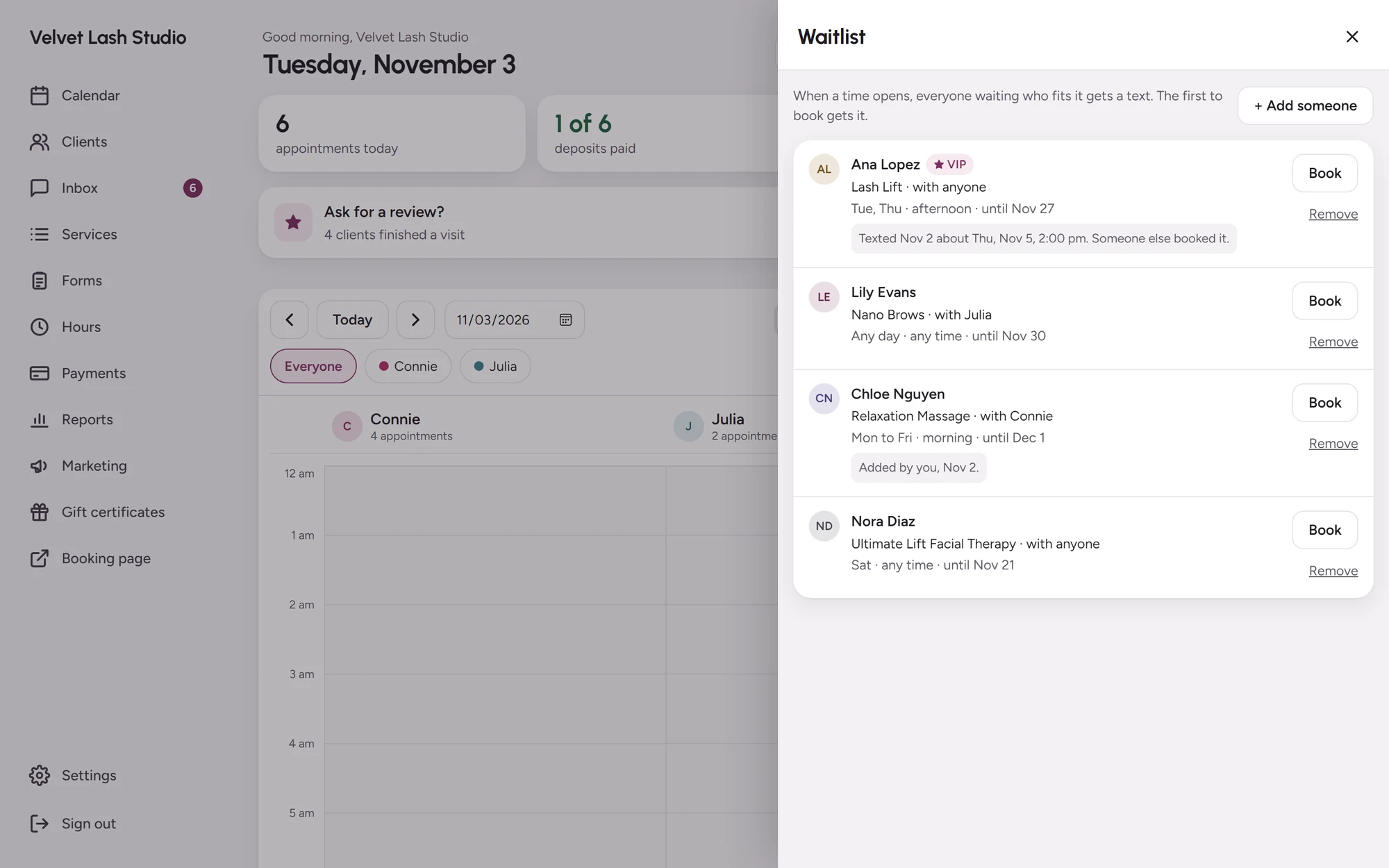 The waitlist beside the calendar