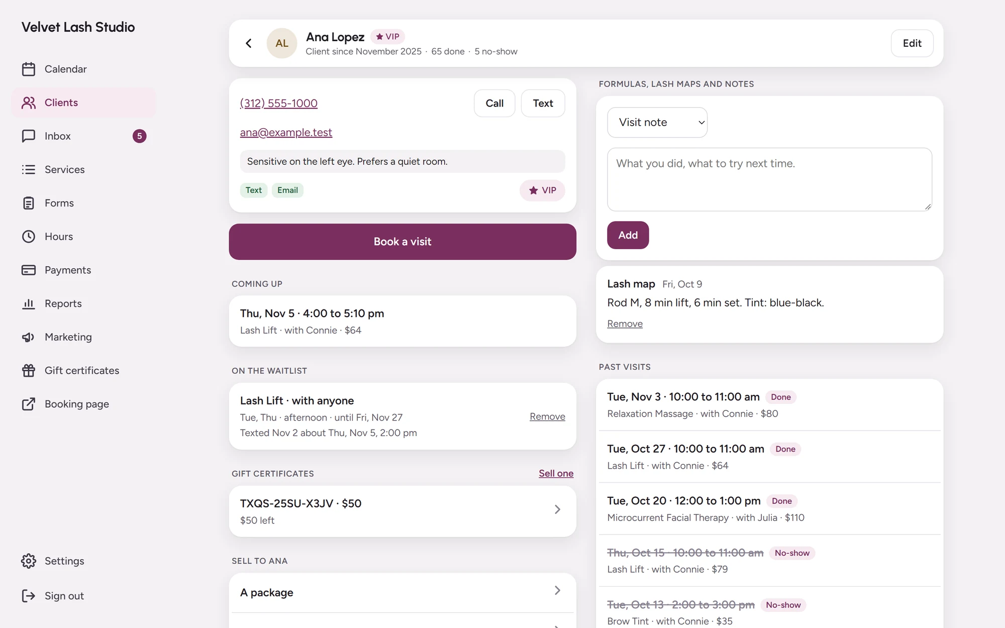 A client’s page with notes