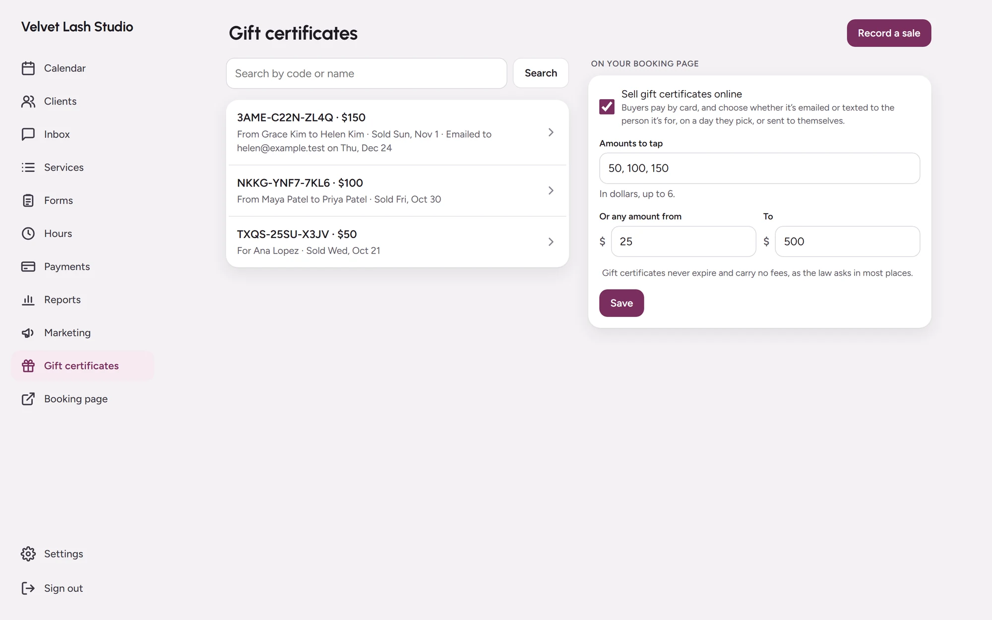 Gift certificate settings